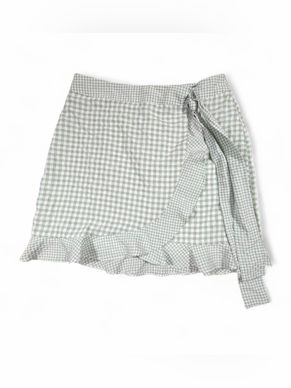 Altar'd State Sage Green Gingham Wrap Skirt Size Small Ruffle Hem Cottagecore - Picture 2 of 6